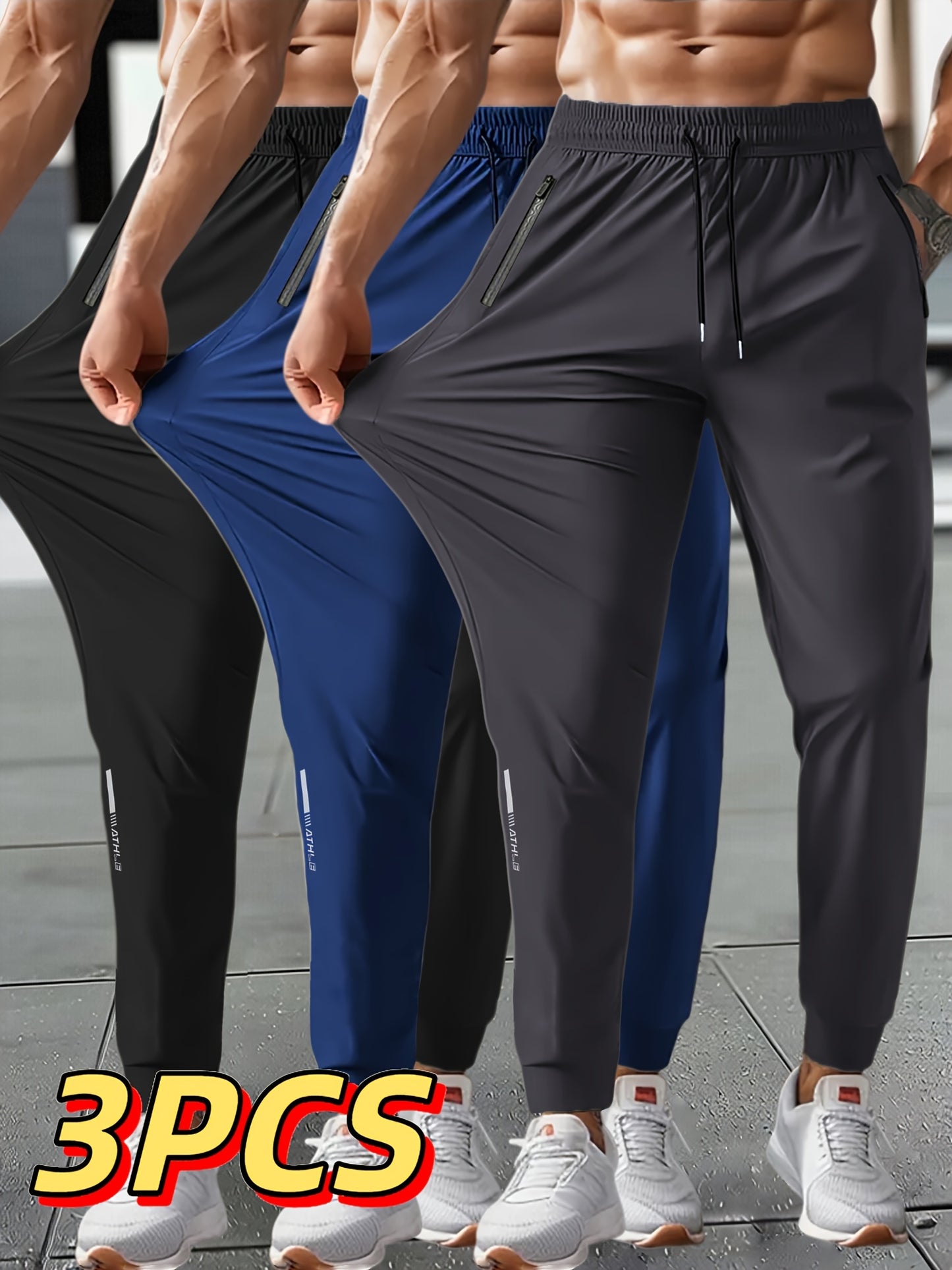 3pcs Men's Summer Solid Color Tapered Sports Pants, High Stretch Fiber, with Ribbed CuffDesign, Nylon 80%Spandex 20%, Reflective Stripe Design At The Hem Of Pants, Regular Fit with ZipperPockets, Breathable ComfortableRunningTraining LongTrousers
