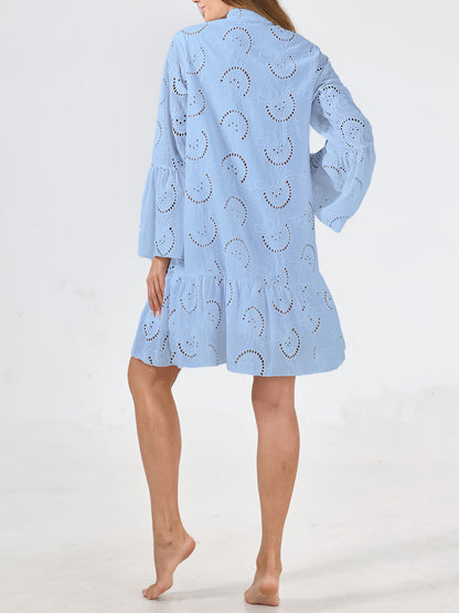 Elegant Mint Green V-Neck Shirt Dress with Bell Sleeves and Lace Cut-Out Detail - Chic Long Casual Dress for Women, Ideal for Home Gatherings and Parties, Casual Party Dress|Bell Sleeve Dress|Machine Washable Dress, Cute Dresses