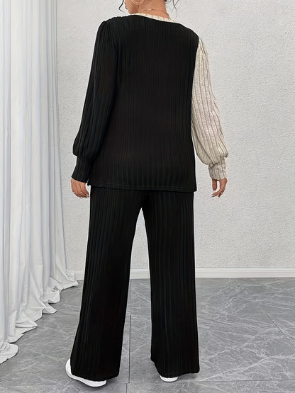 2pcs Round Neck Color-blocked Irregular Hem Top + Straight Trousers Women's Suit