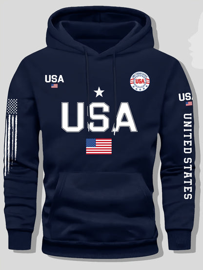 USA Flag Pattern Printed Hoodies, Men's Sweatshirts, United States Letter Printed Casual Knitted Fabric Pullovers for Both Men and Women, Student Couple Outfits, Fashionable Sweatshirts, Autumn and Winter Men's and Women's Sweatshirts