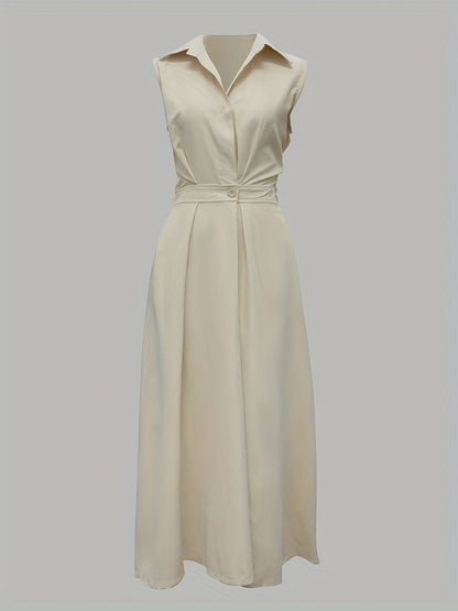Sleeveless Solid Color Lapel Long Dresses Midi Dresses