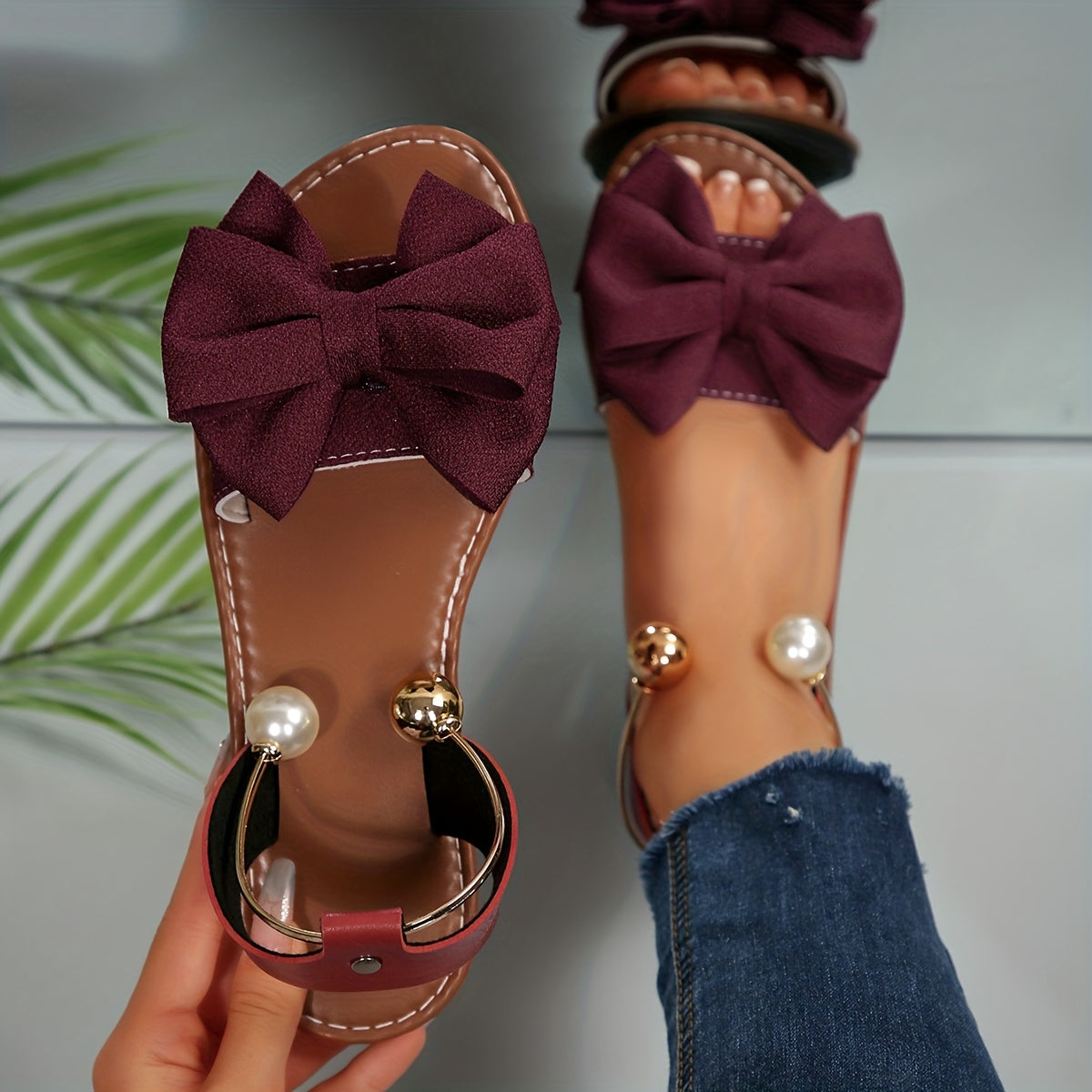 Women'S Open-Toe Flat Sandals - Featuring a Large, Sparkling Bow, Pearls, And a Metallic Ankle Strap, with a Comfortable Sole, Perfect for Daily Commuting, Shopping, Dates, Beach Vacations, And Casual Outings, Women Shoes