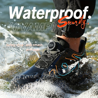 Men's Steel-Toed Work Sneakers with Kevlar Midsole & Lightweight TPU Insole - Anti-Slip/Puncture Safety Shoes, One-Foot Lazy Button Closure, Industrial Footwear with EVA Cushioning, Sturdy Rubber Sole & Breathable Fabric Upper for All-Season Heavy-Duty Pr