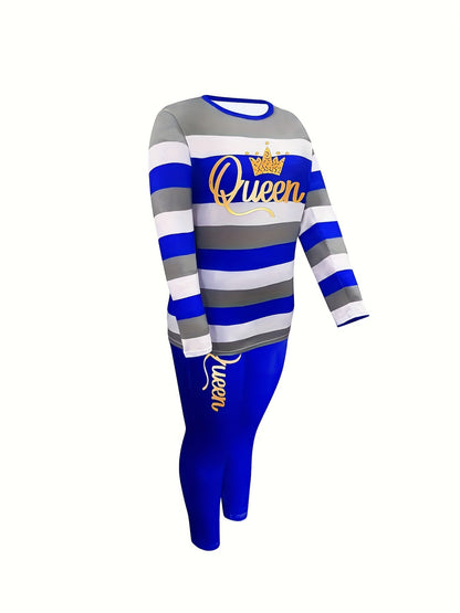 Plus Size - Plus Size - Women'S Striped Long-Sleeve Trouser Suit with Queen'S Lettering And Pocketed Pants