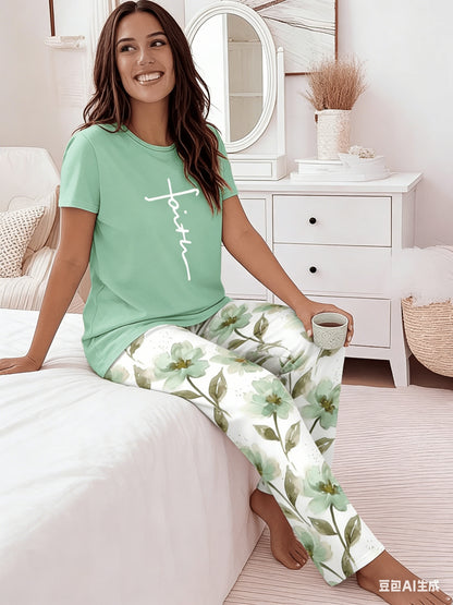 Round Neck Cross Printed Top Short-Sleeved Gradient Wide-Leg Pants Casual Loose Two-Piece Set