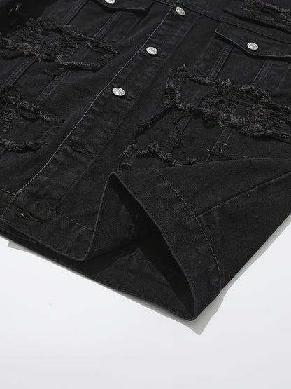 Men'S Ripped Denim Jacket Slim Fit Jean Outerwear Streetwear Casual Coat