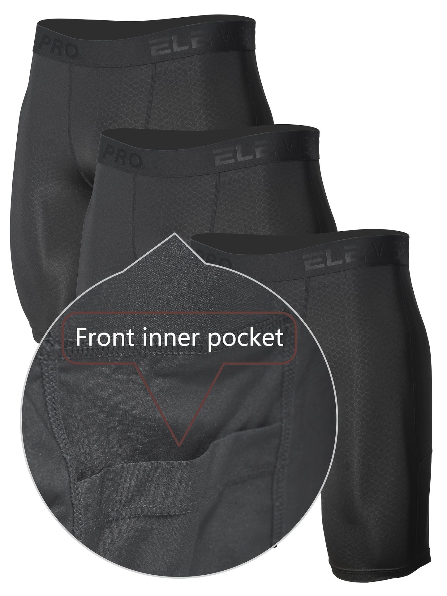 3pcs PRO Men's Athletic Boxer Briefs - Moisture-Wicking Quick-Dry Polyester, Stretchy Breathable Fabric with Side Pockets & Crotch Protection for Running, Gym, Fitness - Black, Running Gear, Sporty Style, Durable Construction, Sports Underwear, Active Men