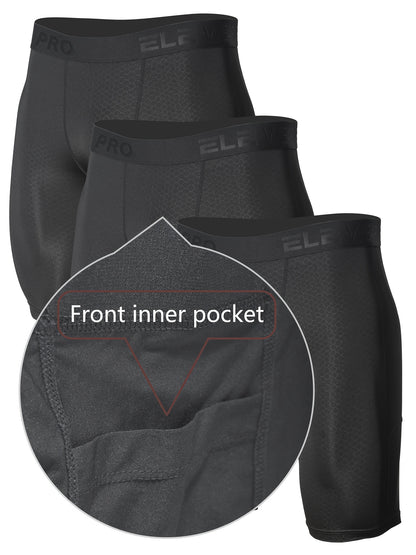 3pcs PRO Men's Athletic Boxer Briefs - Moisture-Wicking Quick-Dry Polyester, Stretchy Breathable Fabric with Side Pockets & Crotch Protection for Running, Gym, Fitness - Black, Running Gear, Sporty Style, Durable Construction, Sports Underwear, Active Men