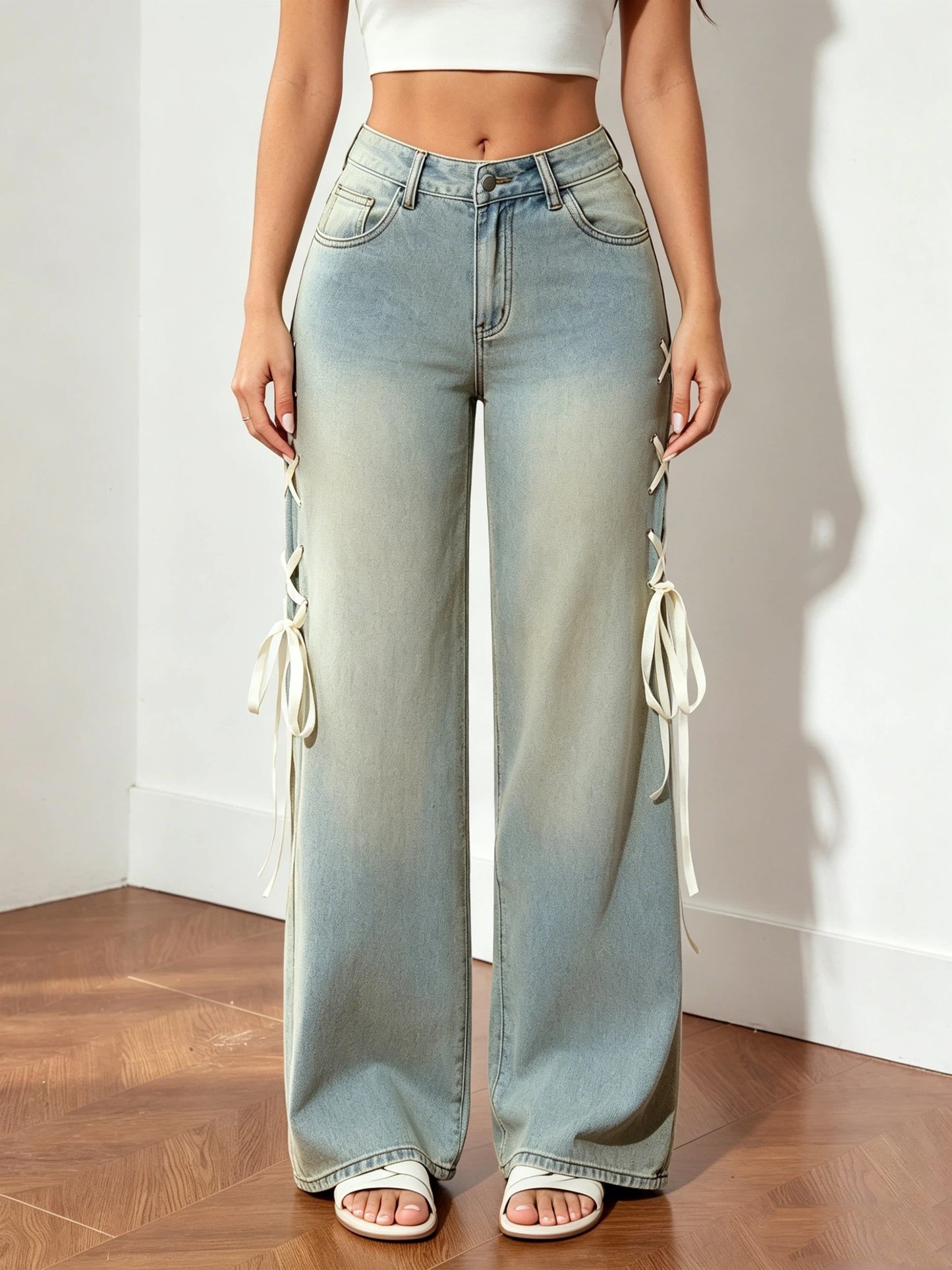 Women'S Fashion Bow-Tie Straight-Leg Jeans High-Waisted Relaxed-Fit Washed Stretch Denim Pants Casual Wide-Leg Trousers Trendy Y2K Street Style