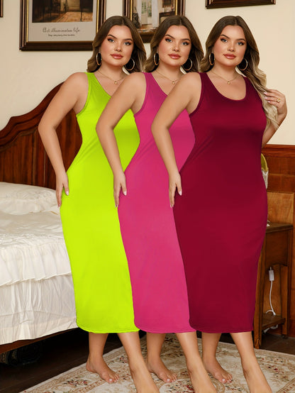 3pcs Set Of Women's Plus Size Sleeveless Vest Sleep Dress Evening Gown No Print Solid Color Simple Style Casual Version Very Comfortable Home Clothing