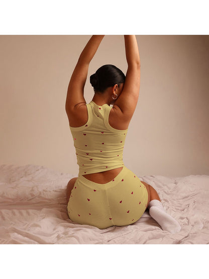 2pcs Heart Print Ribbed Loungewear Set, Racerback Tank Top And Shorts