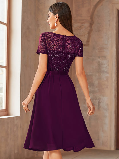 24224 Elegant Womens Sequin Lace Chiffon A Line Bridesmaid Dress, V Neck Short Sleeves, Ruched Ruffle Hem, Perfect for Graduation Season, Wedding Season, Summer Wedding Guest, Evening Party, Cruise Party And Birthday Celebration