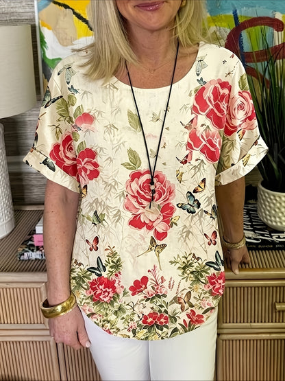 Women's Summer New Casual Loose Fashion Color Blocked Pleated V-neck Printed Top Fabric Soft and Comfortable, Versatile for Daily Use