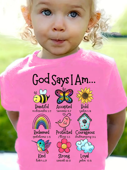 Baby Girls "God Say I Am... " Print Cartoon Animal & Letter Print Short Sleeve Crew Neck for Spring And Summer