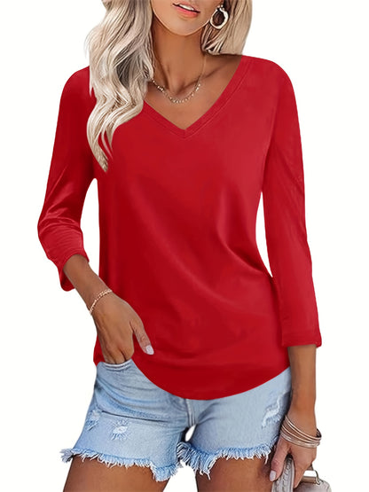 Elegant Casual Solid Color Basic Top with 3/4 Sleeves And a V-Neck for Women, Perfect for Summer