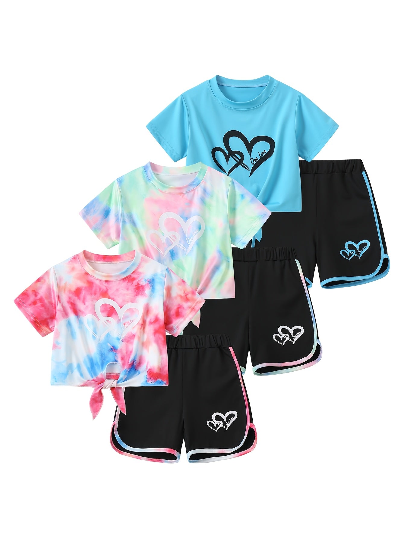 6pcs, Girls Love Print Camouflage Design Short Sleeve Athletic Shorts Summer Suit, for Outdoor