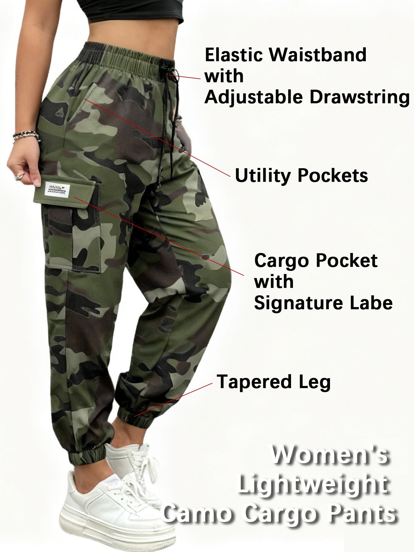 Women'S Lightweight Quick-Dry Camo Cargo Pants - Tapered Leg Elastic Drawstring Waistband Breathable Tactical Pants