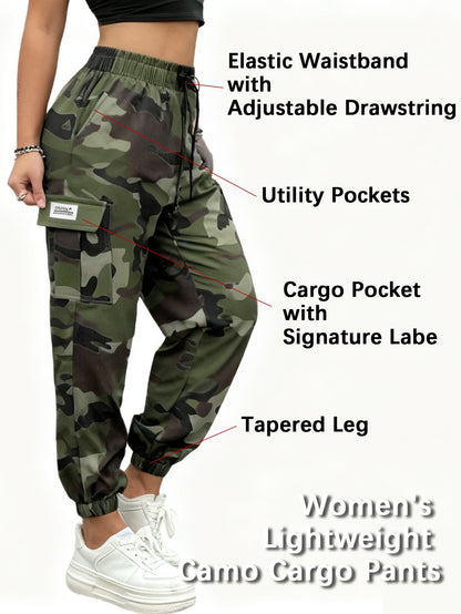 Women'S Lightweight Quick-Dry Camo Cargo Pants - Tapered Leg Elastic Drawstring Waistband Breathable Tactical Pants