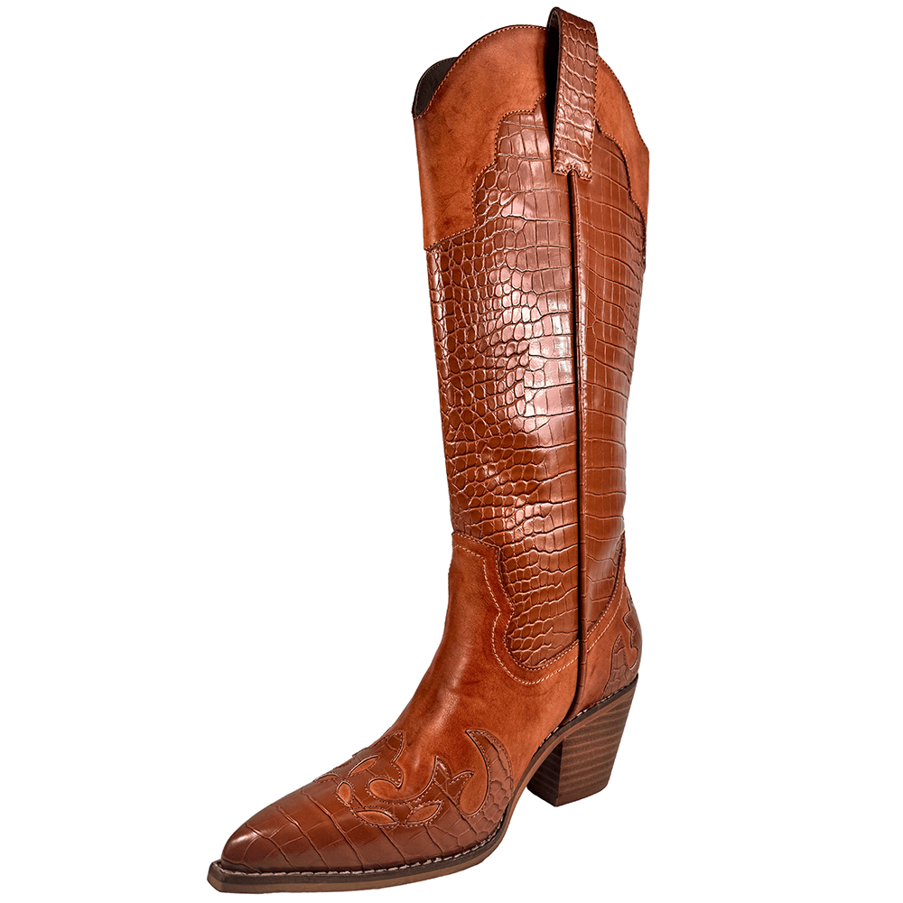 ARiderGirl Pamela Women's Western Cowboy Knee-High Boots Crocodile Printed Chunky Stacked Heel Pointed Toe Boots