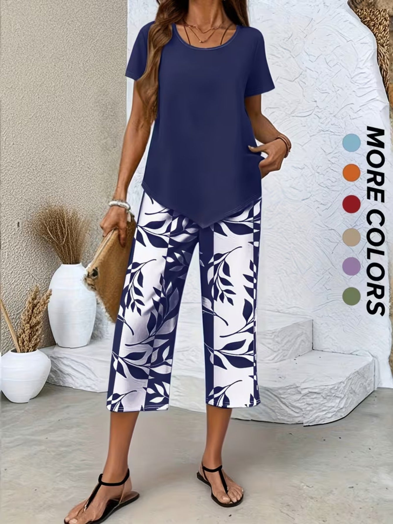 Spring and Summer Women's Casual 2pcs Set, Light Blue Short-sleeved Crew Neck Top, Blue and White Leaf Printing Seven-point Wide Legs, Loose and Comfortable, Daily Street Commuting Versatile Casual Suit, Casual Loungewear Suit