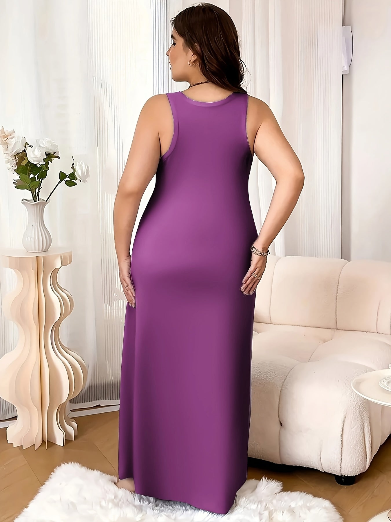 3pcs Set Of Women's Plus Size Sleeveless Vest Sleep Dress Evening Gown No Print Solid Color Simple Style Casual Version Very Comfortable Home Clothing