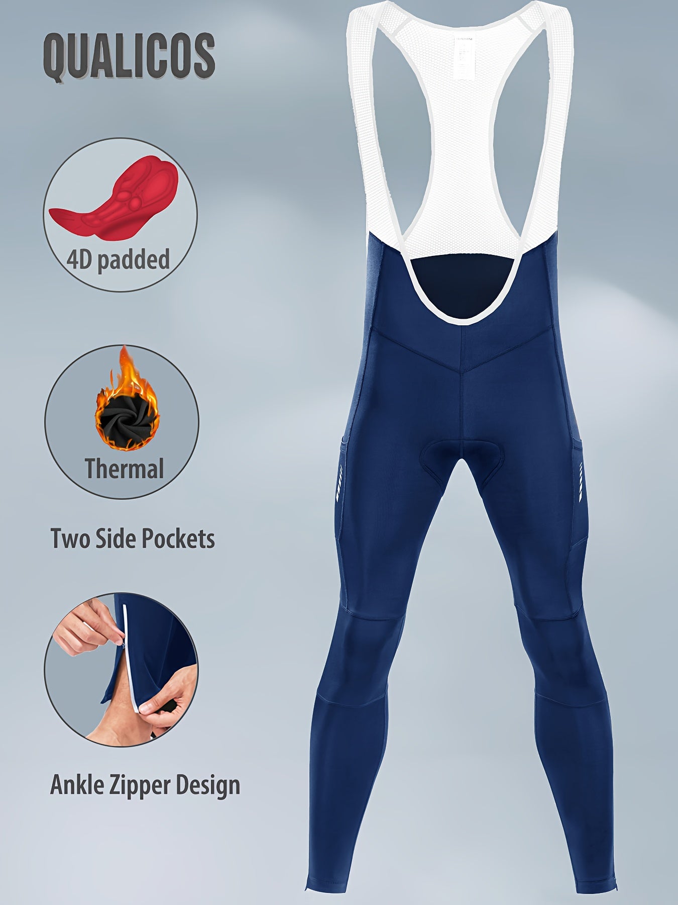 QUALICOS Men'S Insulated Cycling Bib Tights - Cold Weather Pants Featuring Fleece Lining, Shock-Absorbing Padding, Stretchy Mesh Material, Side Pockets & Ankle Zippers - Form-Fitting Bike Leggings for Winter Cycling, Running, And Commuting - Black