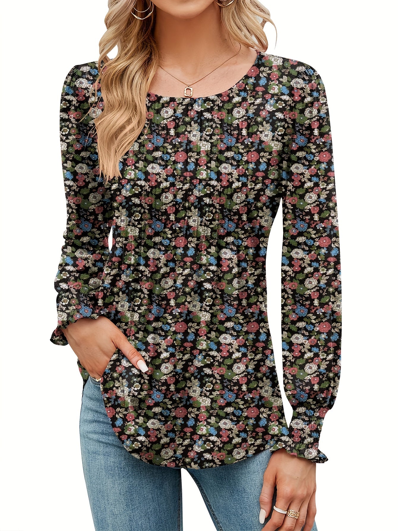 Women's Casual Fall Floral Round Neck Puff Sleeve Tunic Long Sleeve Top Pleated Loose And Versatile T-Shirt