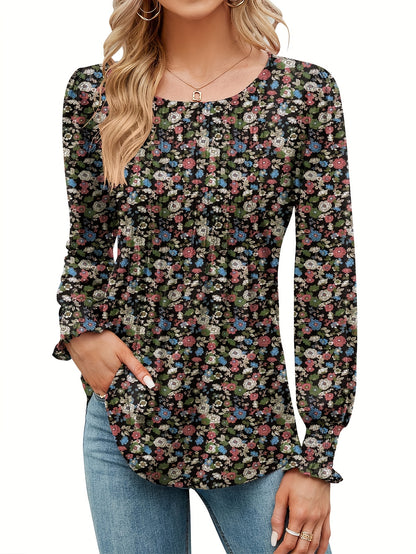 Women's Casual Fall Floral Round Neck Puff Sleeve Tunic Long Sleeve Top Pleated Loose And Versatile T-Shirt