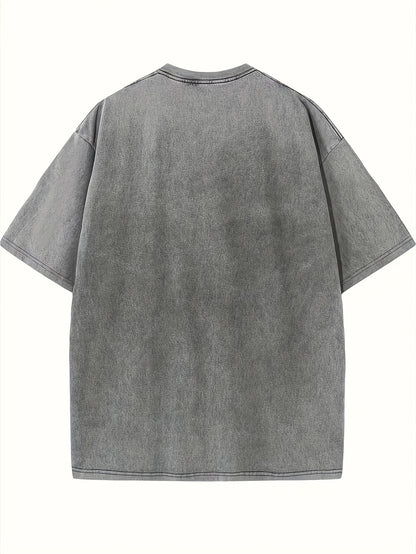 Plus Size, Pattern Printed Women's Retro Washed T-Shirt- 230g Thick, Round Neck Short Sleeve, Retro Street Style, Machine Washable, Spring Summer Casual Wear, Loose Fit T-Shirt