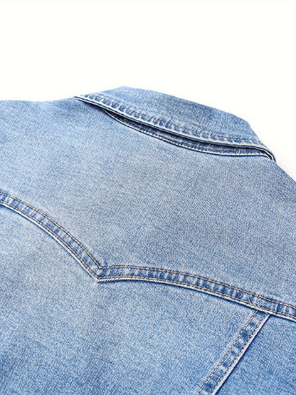Women'S Vintage Wash Cropped Denim Jacket- Slim Fit Non-See-Through Buttons-Up Coat, Casual Everyday Denim Jacket for Spring/Fall Layering - Perfect for Jeans, Dresses & Skirts, Quality Button Details, Fall Fashion, Durable Fabric, Fall Clothing