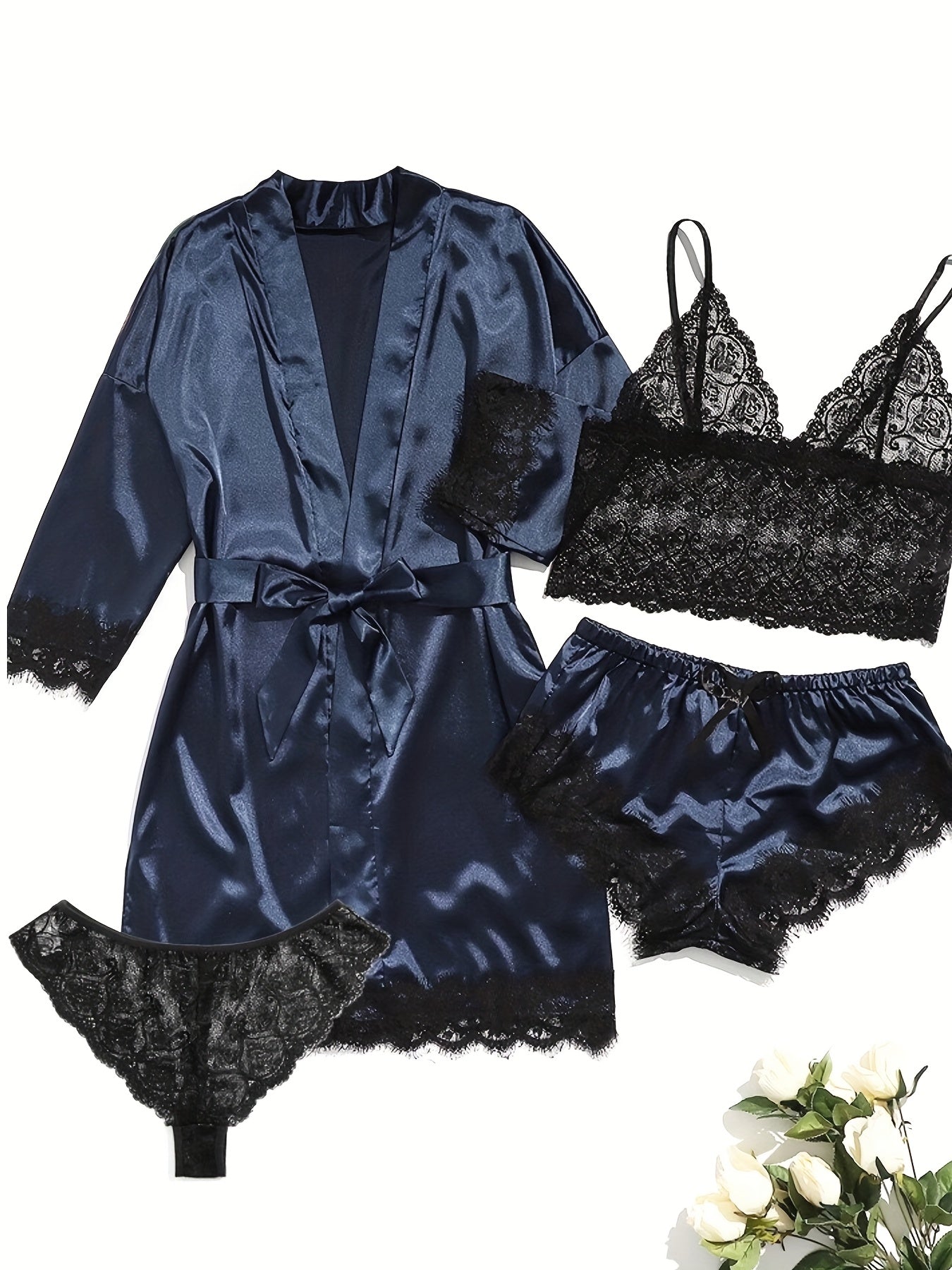 Women's Sleepwear, Home Clothes, Bathrobe 5pcs Set, Multi-color, No Pattern, Sexy, Solid Color, Contrasting Lace, No Lining, Belt, Adult Style, Comfortable and Breathable Fabric, Essential for Lovers to Save Money