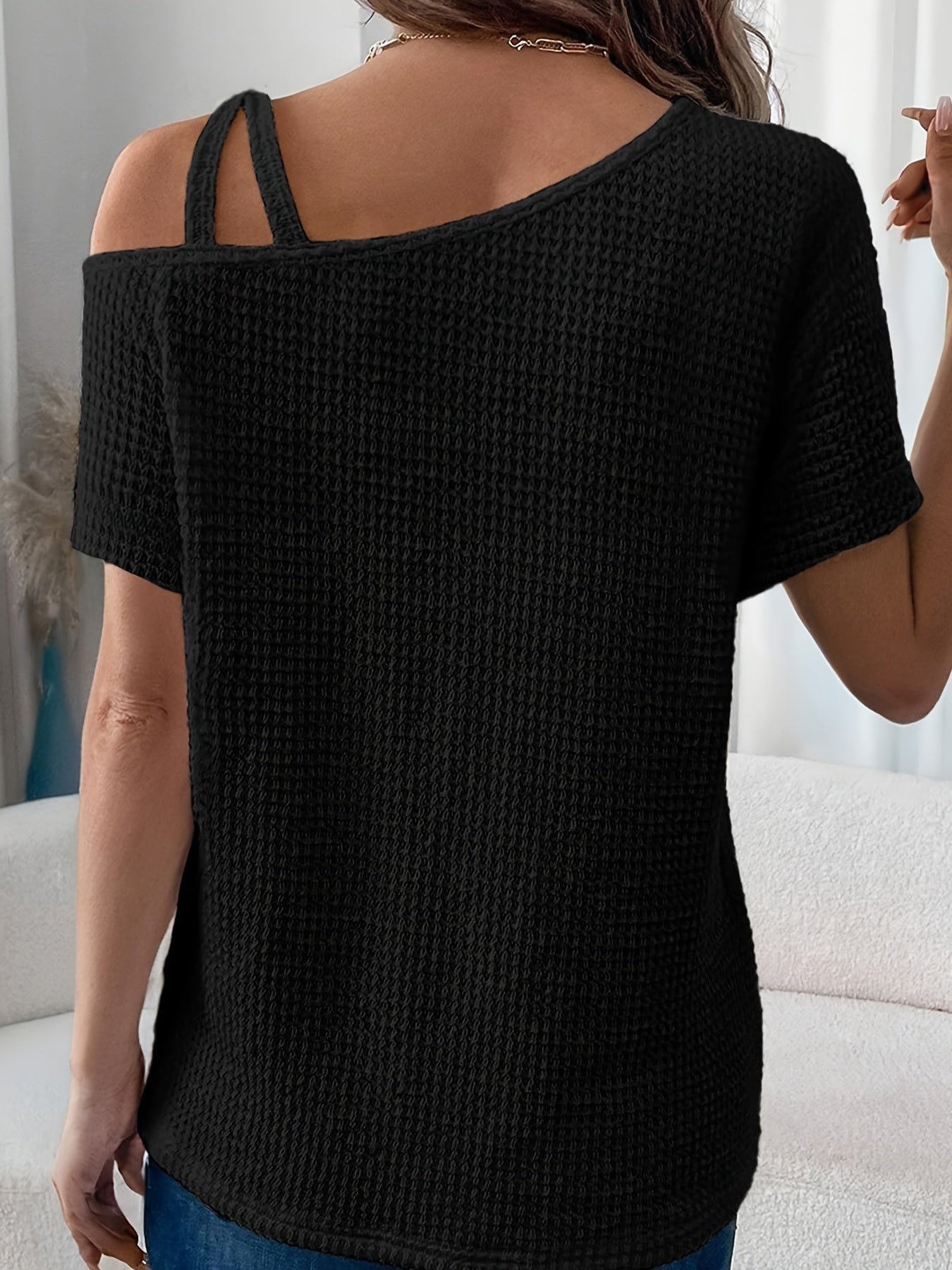 Women'S Summer Off Shoulder Waffle Short Sleeve T-Shirt Solid Color Top