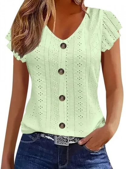 Women's Elegant V-Neck Ruffled Short Sleeve Top with Decorative Buttons, Casual Eyelet Embroidered Jacquard T-Shirt for Spring& Summer, Women's Clothing