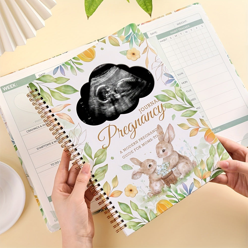 Pregnancy Journal and Memory Book - 96 Sheets - Floral bunny cover with stickers and sonogram photo insert