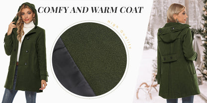 Women'S Hooded Double-Breasted Wool Blend Mid-Length Elegant Casual Coat