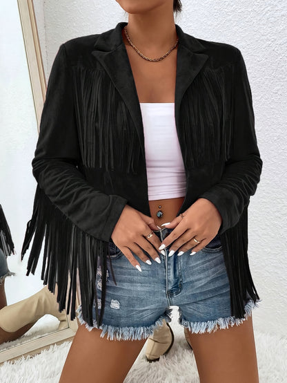 Elegant Women'S Tassel Jacket - Solid Color, V-Neck, Loose Fit for Spring/Fall, Machine Washable