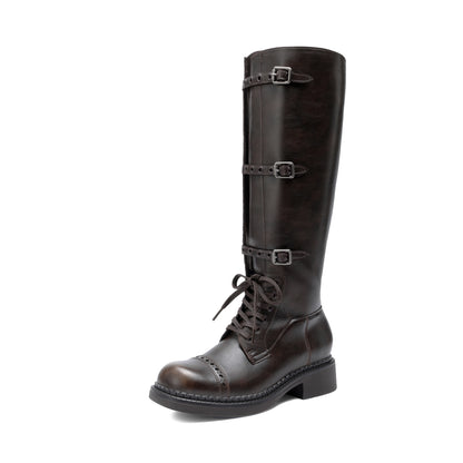 DREAM PAIRS Women's Knee High Boots Combat Boots Goth Boot Lace Up Adjustable Buckles Chunky Low Heel Fall Booties with Side Zipper to Put on and off