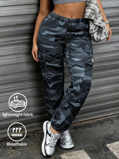 Women's Casual Camouflage Work Pants with Large Patch Pockets, Elastic Drawstring Waistband, and Tapered Cuffs, Suitable for Daily Outdoor Leisure Wear