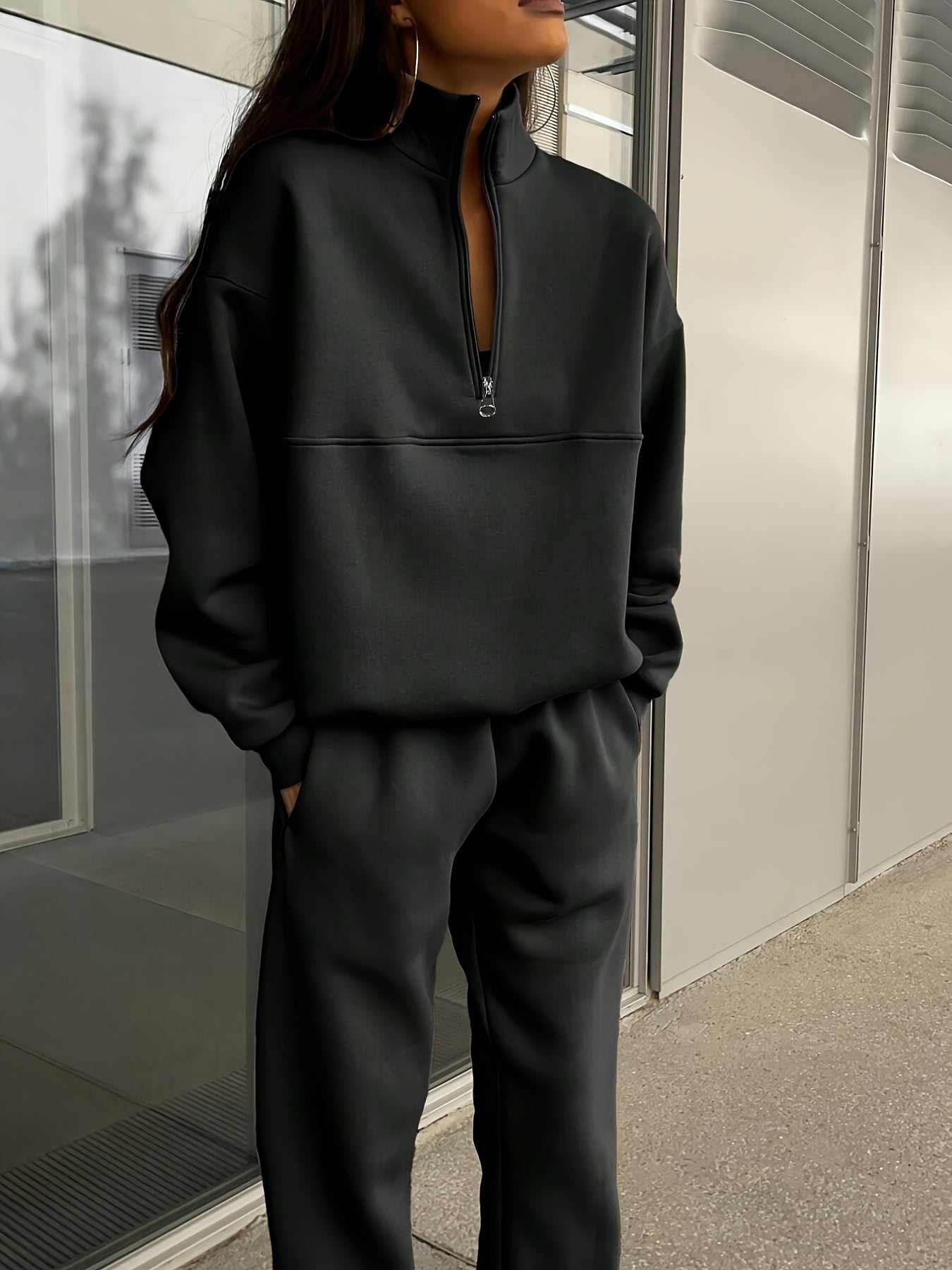 Two-piece Autumn and Winter New Fashion Zip-up Lapel Solid Color Casual Suit, SCACTO