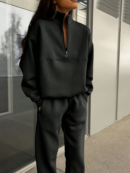 Two-piece Autumn and Winter New Fashion Zip-up Lapel Solid Color Casual Suit, SCACTO