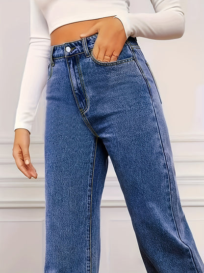 Light Blue Denim Zip Closure Straight Denim Trousers, High-waisted Street, Minimalist Design, Casual And Versatile, Loose Four-season Plus Size Jeans