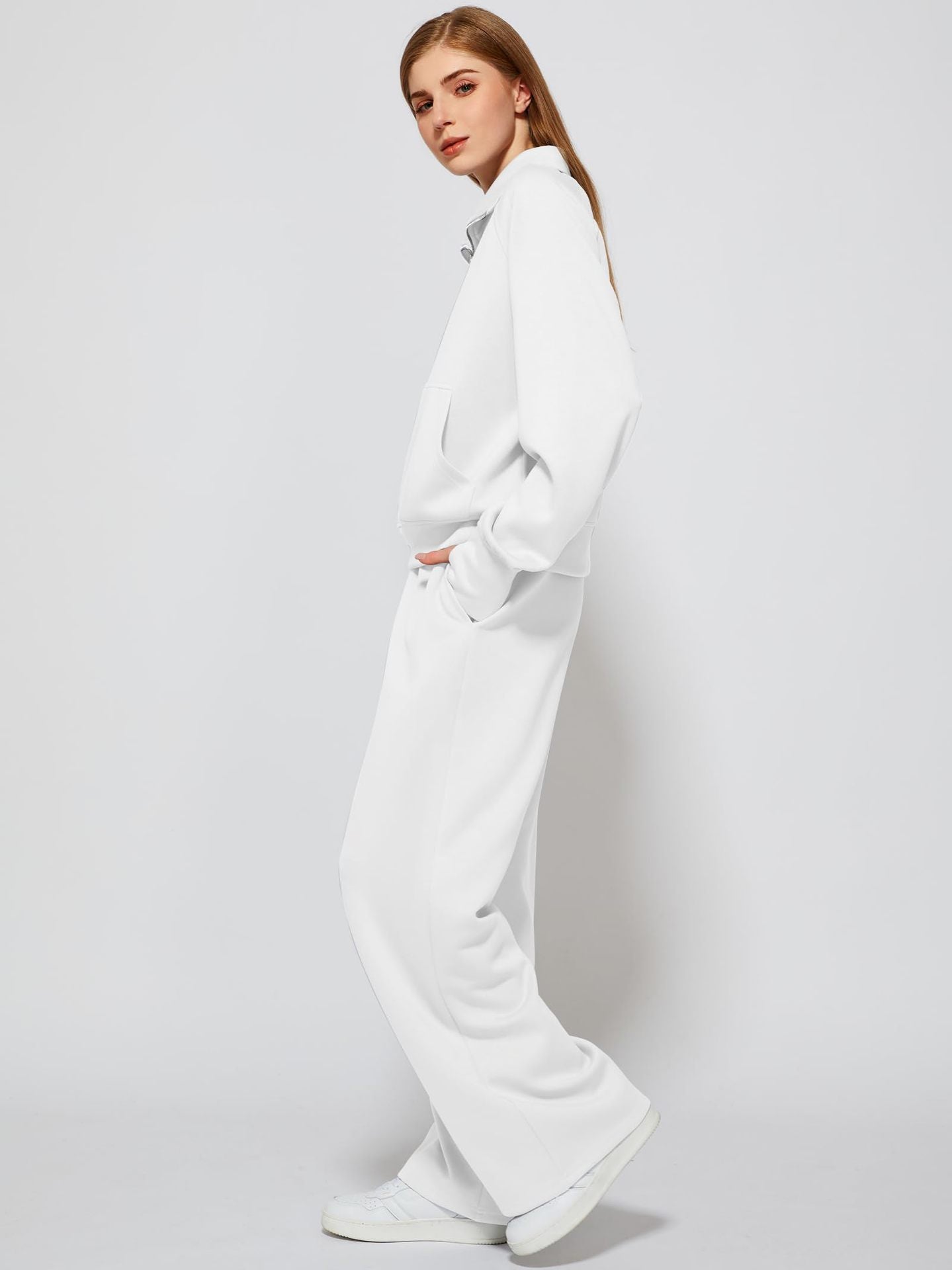 2Pcss Outfits for Women, Oversized Half-Zip Sweatshirt And Wide Leg Sweatpants Set, 2026 Spring Casual Lounge Tracksuit Women'S Trendy 2Pcss Matching Set, Oversized Quarter-Zip Pullover And Loose Wide Leg Trousers, Chic Spring Sporty Outfits