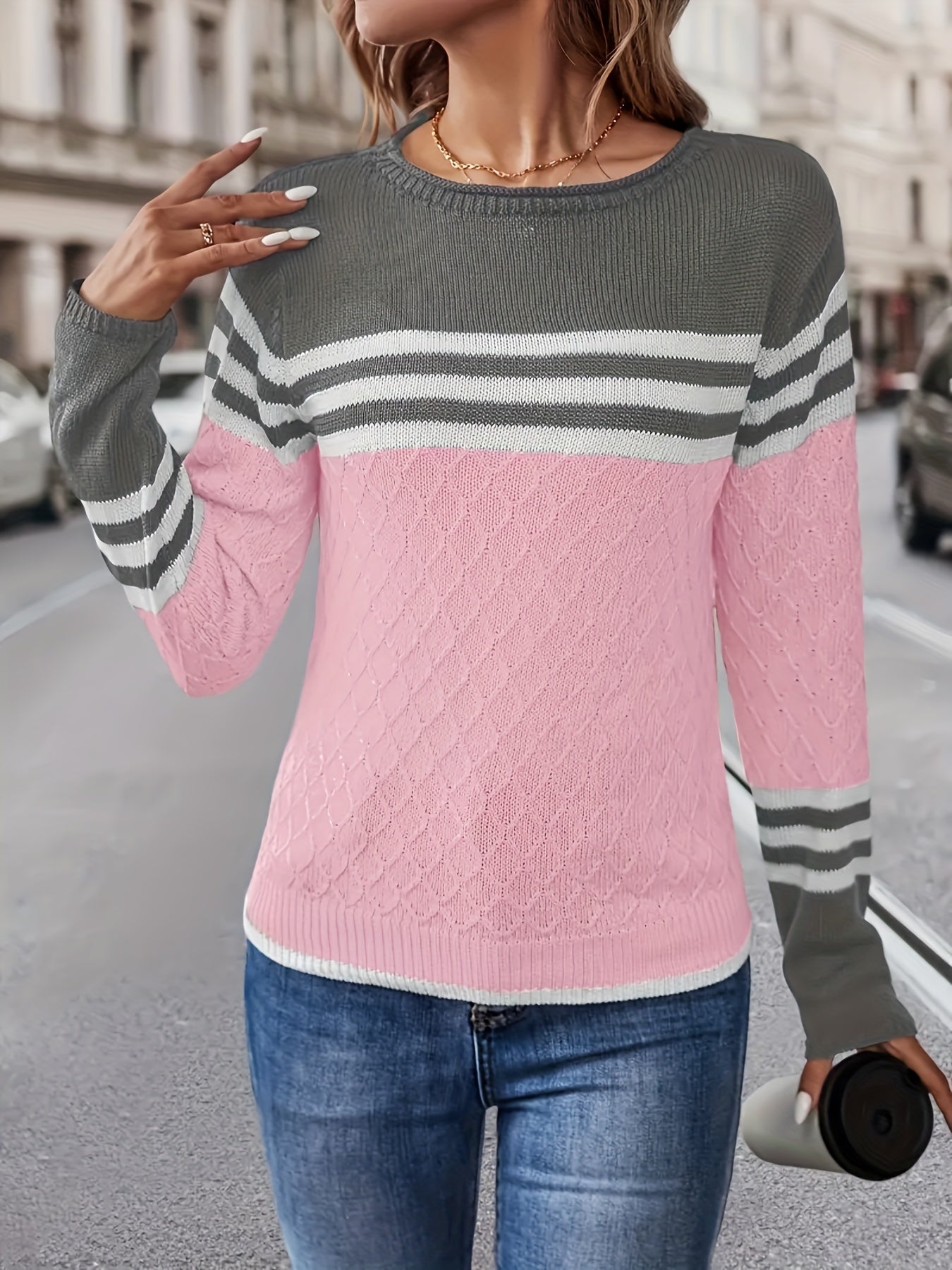 Women'S Color-Blocked Striped Round-Neck Long-Sleeve Top, Made from Comfortable And Warm Fabric, Perfect for Casual Elegance, Stylish Gatherings, And Festive Gifts for Autumn And Winter