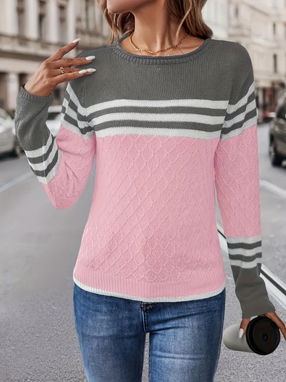 Women'S Color-Blocked Striped Round-Neck Long-Sleeve Top, Made from Comfortable And Warm Fabric, Perfect for Casual Elegance, Stylish Gatherings, And Festive Gifts for Autumn And Winter