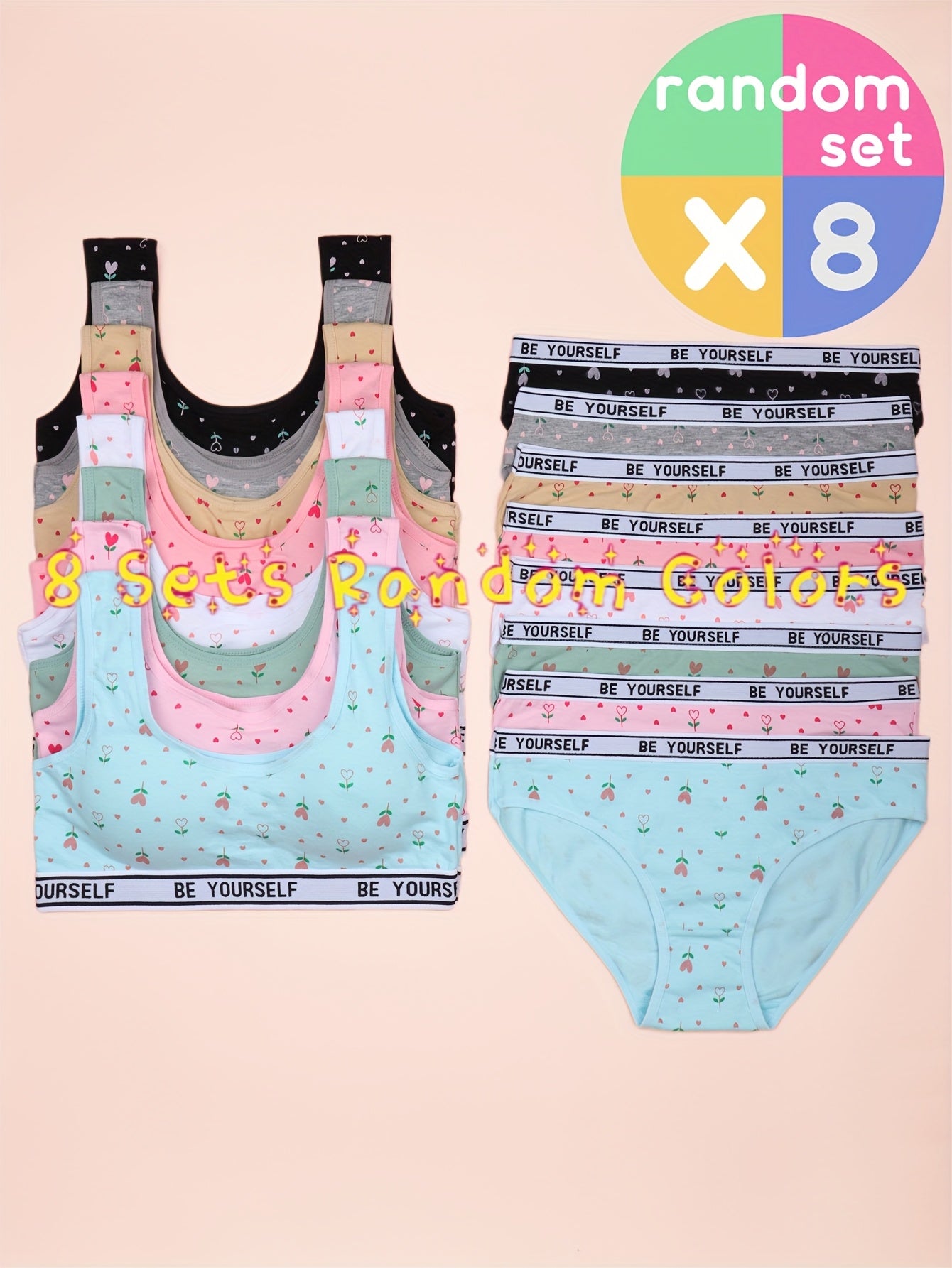 8 Set Bra Panties Set Comfy Breathable Underwear Set, Cute Heart Letter Print Training Set for 10-16, for Teenager, For Teenager
