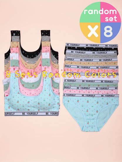 8 Set Bra Panties Set Comfy Breathable Underwear Set, Cute Heart Letter Print Training Set for 10-16, for Teenager, For Teenager