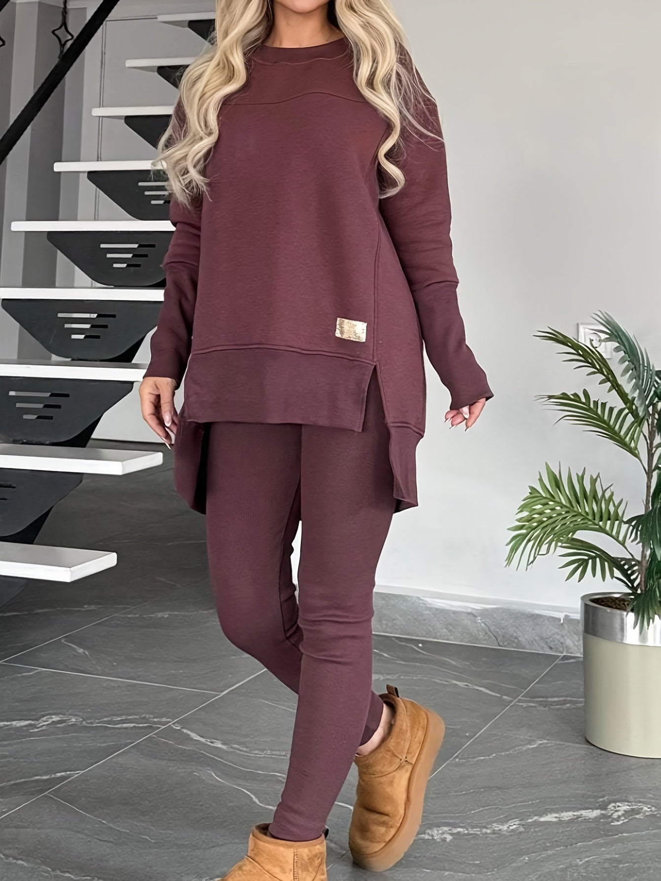2pcs New Women'S Fashionable Casual Top with Slit Long Sleeves And Round Neck Casual Solid Color Set Suitable for Spring Workplace Commutes