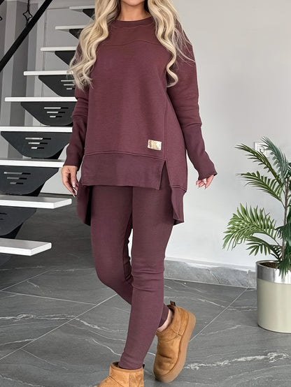 2pcs New Women'S Fashionable Casual Top with Slit Long Sleeves And Round Neck Casual Solid Color Set Suitable for Spring Workplace Commutes