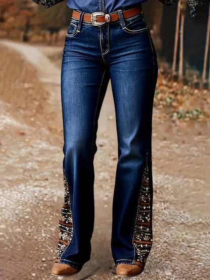 Ladies' Flared Jeans with Vibrant Paisley Design - Retro-Style, Chic Commuter Bell Bottom Denim Trousers, Washable in Machine, No Belt Required