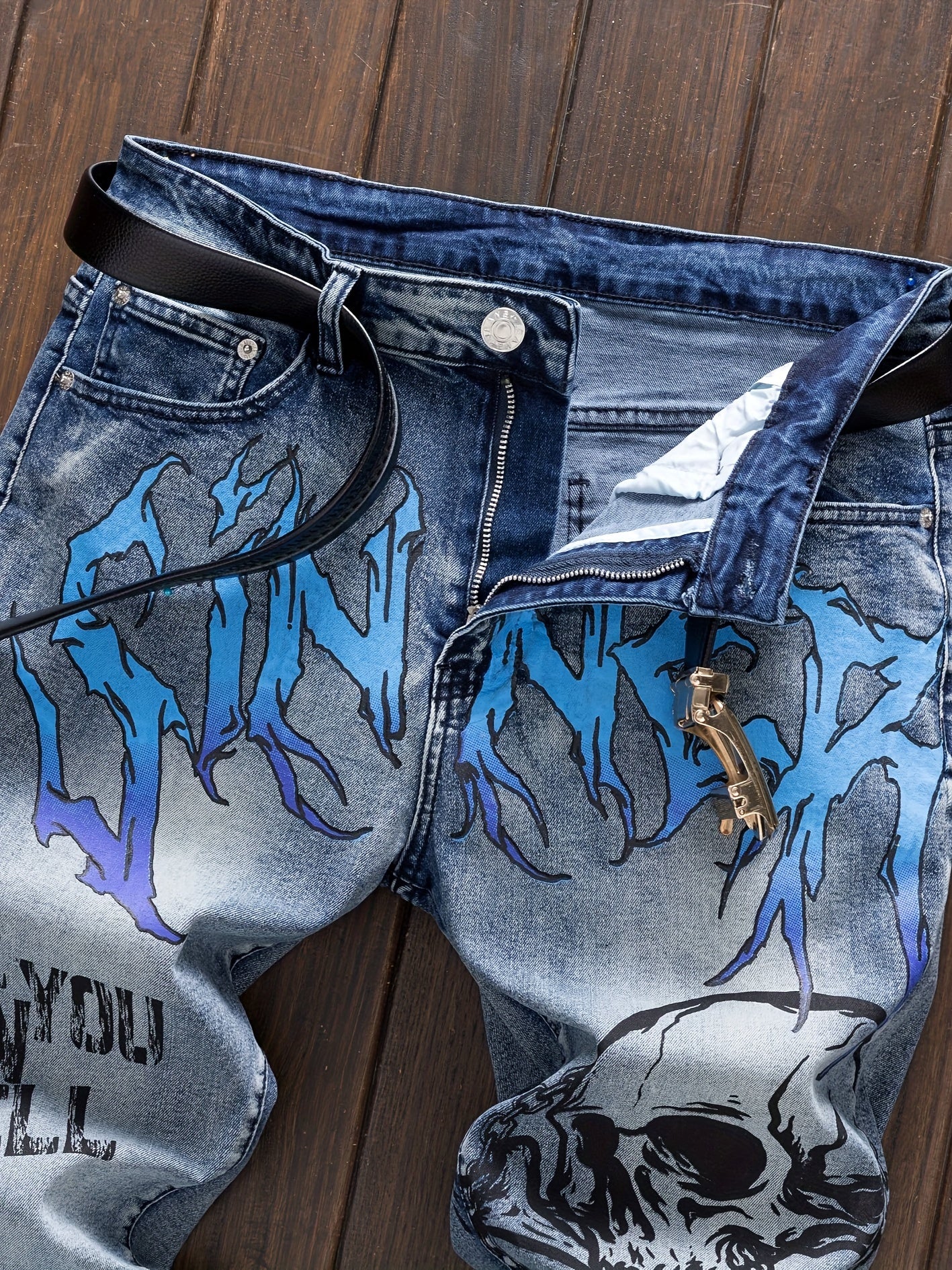 Cool Comfort, Men'S Slim-Fit Stretch Denim Jeans with Punk Skull Print - Versatile Casual Streetwear, Machine Washable